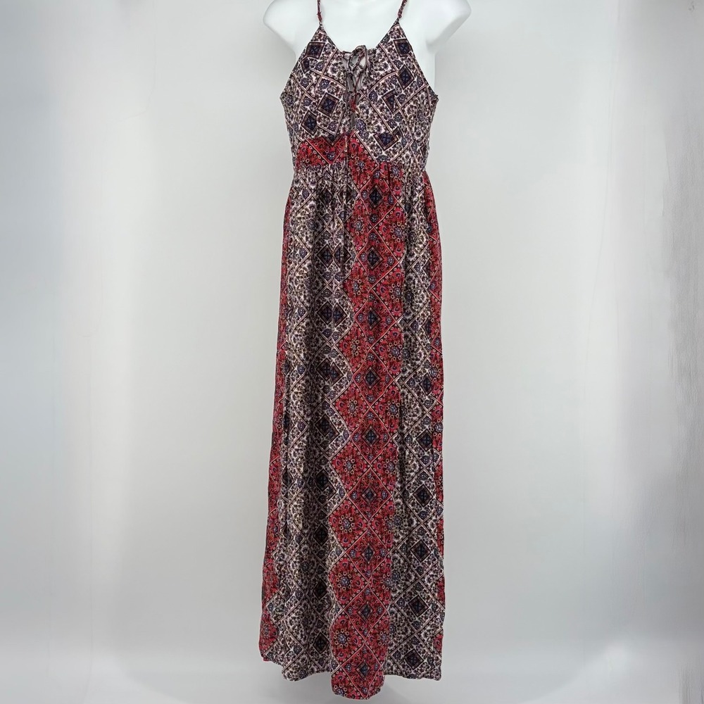 Alya Maxi Dress Women Size S Red‎ Blue Boho Patchwork Lace Up Summer Coastal